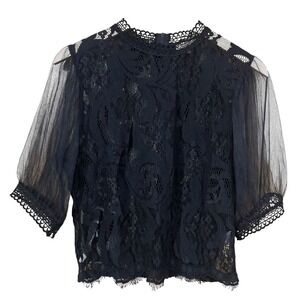 Peach Women's Black Lace Top Blouse Tulle Puff Sleeve Party Cropped SZ M